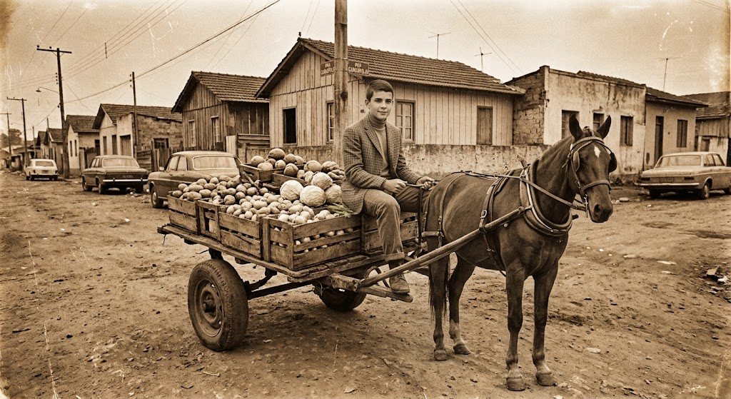 Seu José vendendo frutas na carroça
